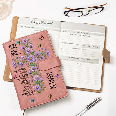 Birth Flower Cross You Are Bible Verse Affirmations - Personalized Leather Prayer Journal
