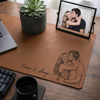 Forever Love Couple Photo Sketch Line Art Anniversary Gift For Him, Her - Personalized Desk Mat