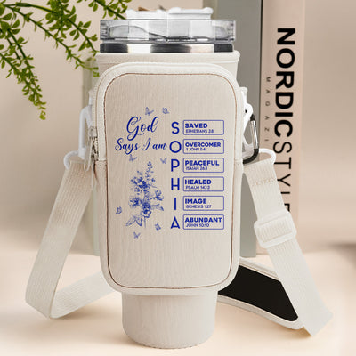 God Says I Am Name Letter In Bible - Personalized Water Bottle Carrier Bag With Phone Pocket
