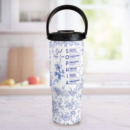 God-Says-I-Am-Name-Letter-In-Bible-Toile-De-Jouy-Style-Personalized-30oz-Tumbler-With-Handle_1
