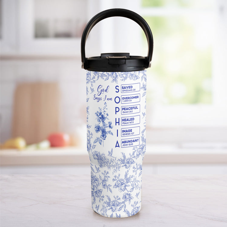 God-Says-I-Am-Name-Letter-In-Bible-Toile-De-Jouy-Style-Personalized-30oz-Tumbler-With-Handle_1