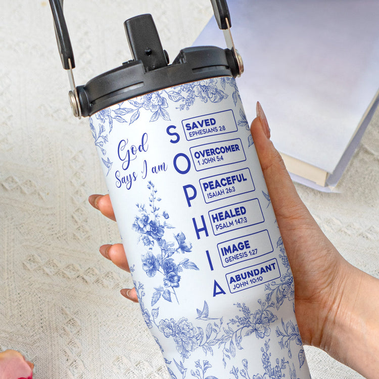 God-Says-I-Am-Name-Letter-In-Bible-Toile-De-Jouy-Style-Personalized-30oz-Tumbler-With-Handle_3