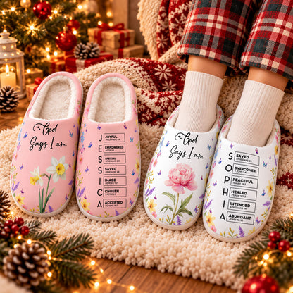 God_Says_I_Am_Custom_Name_Birth_Flower_For_Her_Personalized_Slippers_1