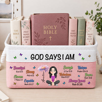 Kid Birth Flower God Says I Am - Personalized Storage Basket