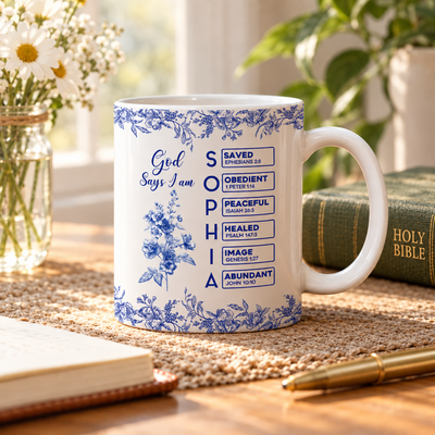 God Says I Am Name Letter In Bible Birth Flower Toile De Jouy Style - Personalized Mug