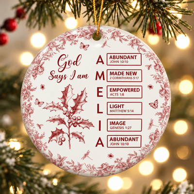 God Says I Am Name Letter In Bible Toile De Jouy Style - Personalized Ceramic Ornament