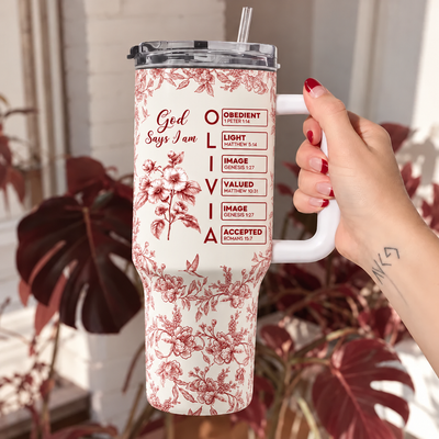God Says I Am Name Letter In Bible Toile De Jouy Style - Personalized 40oz Tumbler With Straw