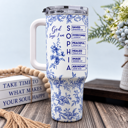 God Says I Am Name Letter In Bible Toile De Jouy Style - Personalized 40oz Tumbler With Straw