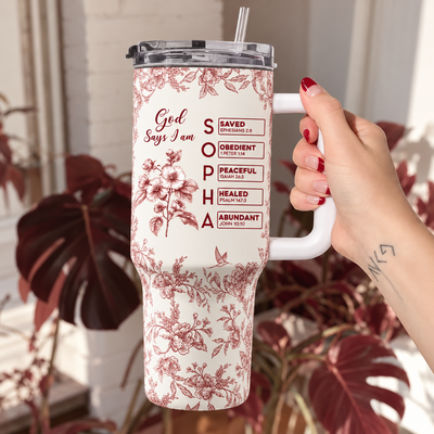 God Says I Am Name Letter In Bible Toile De Jouy Style - Personalized 40oz Tumbler With Straw