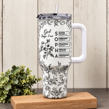 God Says I Am Name Letter In Bible Toile De Jouy Style - Personalized 40oz Tumbler With Straw